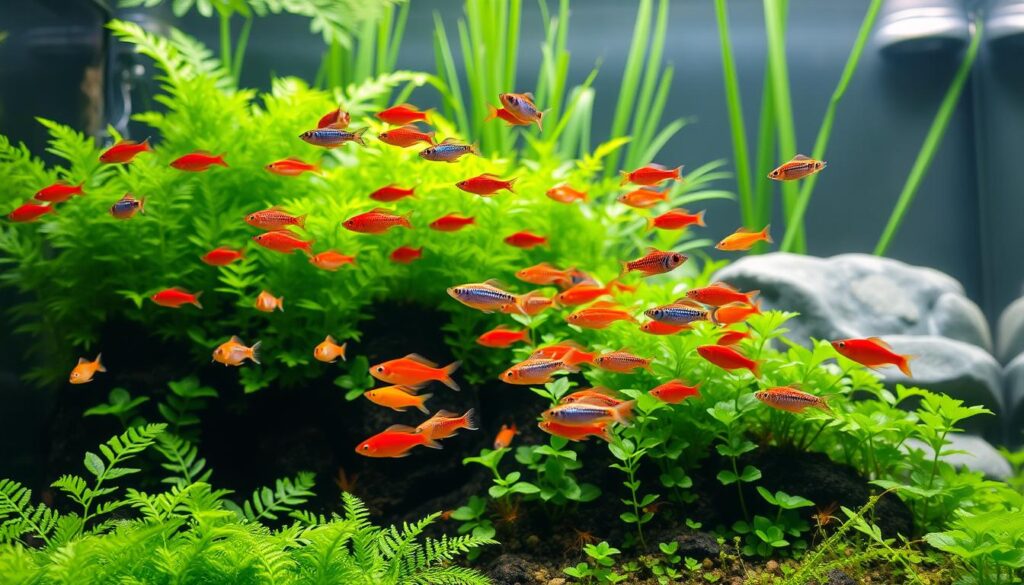 A beautifully aquascaped planted tank featuring Micro Rasboras swimming in small schools among lush, green aquatic plants. In the foreground, vibrant plants like Java Fern and Anubias create a natural habitat, while the middle ground showcases delicate dwarf baby tears and bright red cherry shrimp. The background features a soft blur of tall, swaying stems of Cabomba and a few smooth stones, evoking a serene underwater landscape. The lighting is soft and natural, mimicking dappled sunlight filtering through the water, casting gentle reflections. A slight upward angle captures the lively movement of the fish, emphasizing their iridescent scales and vibrant colors, creating a peaceful and inviting atmosphere perfect for caring for these tiny fish. A beautifully aquascaped planted tank featuring Micro Rasboras swimming in small schools among lush, green aquatic plants. In the foreground, vibrant plants like Java Fern and Anubias create a natural habitat, while the middle ground showcases delicate dwarf baby tears and bright red cherry shrimp. The background features a soft blur of tall, swaying stems of Cabomba and a few smooth stones, evoking a serene underwater landscape. The lighting is soft and natural, mimicking dappled sunlight filtering through the water, casting gentle reflections. A slight upward angle captures the lively movement of the fish, emphasizing their iridescent scales and vibrant colors, creating a peaceful and inviting atmosphere perfect for caring for these tiny fish.
