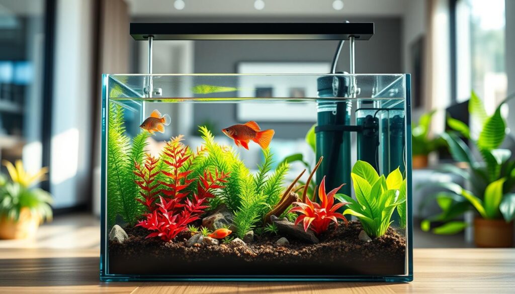 A beautifully arranged 5-gallon aquarium in a modern living room setting. The foreground features vibrant aquatic plants like Java fern and Anubias, with delicate fish species such as Betta and Neon Tetras swimming gracefully. The middle area highlights the clear glass tank with intricate filtration and heating systems subtly integrated, showcasing the benefits of ease of maintenance. In the background, a soft-focus view of a cozy, sunlight-filled room with gentle natural light illuminating the aquarium creates a warm and inviting atmosphere. The camera angle is slightly above eye level to capture the aquarium's depth and detail. The overall mood is peaceful and tranquil, perfect for illustrating the serene experience of having a compact aquarium in your home.