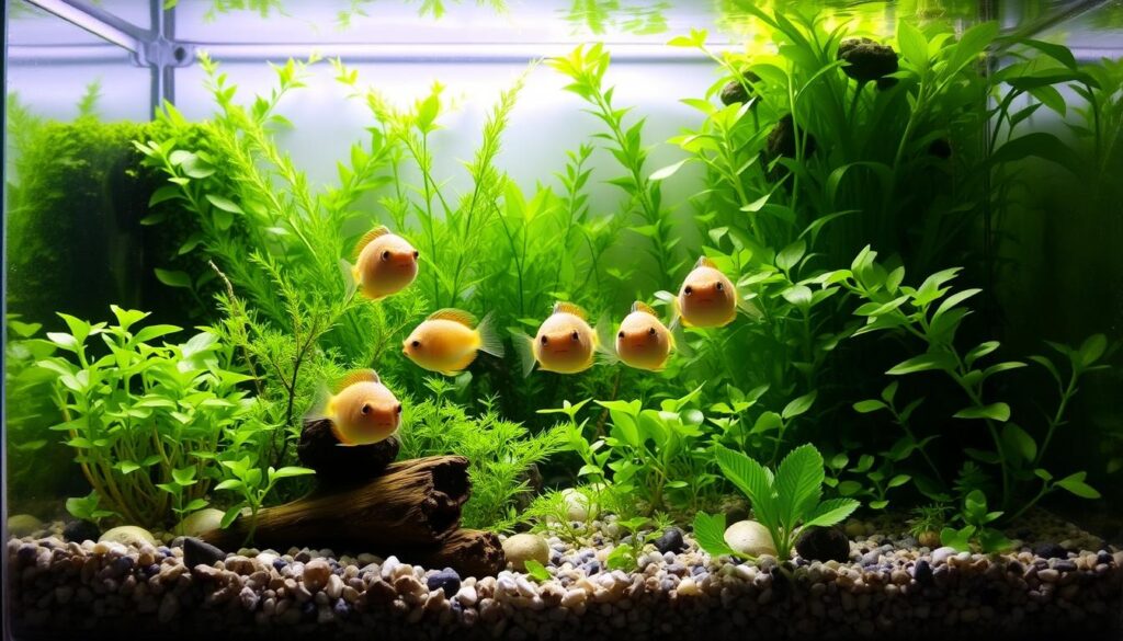 A beautifully arranged dwarf puffer fish tank setup, showcasing a 10-gallon aquarium filled with lush greenery and delicate aquatic plants. In the foreground, several pea puffers swim gracefully among the vibrant green foliage, their unique round bodies and large eyes capturing attention. The middle ground features textured substratum with pebbles and small driftwood, creating hiding spots and enhancing the natural look. In the background, a faint, soft light filters through the water, illuminating the tank and casting gentle reflections. The overall mood is tranquil and lively, highlighting the ideal habitat for these charming fish. The scene is captured from a slightly elevated angle to provide a comprehensive view of the tank's ecosystem, ensuring clarity and detail in every element. A beautifully arranged dwarf puffer fish tank setup, showcasing a 10-gallon aquarium filled with lush greenery and delicate aquatic plants. In the foreground, several pea puffers swim gracefully among the vibrant green foliage, their unique round bodies and large eyes capturing attention. The middle ground features textured substratum with pebbles and small driftwood, creating hiding spots and enhancing the natural look. In the background, a faint, soft light filters through the water, illuminating the tank and casting gentle reflections. The overall mood is tranquil and lively, highlighting the ideal habitat for these charming fish. The scene is captured from a slightly elevated angle to provide a comprehensive view of the tank's ecosystem, ensuring clarity and detail in every element.