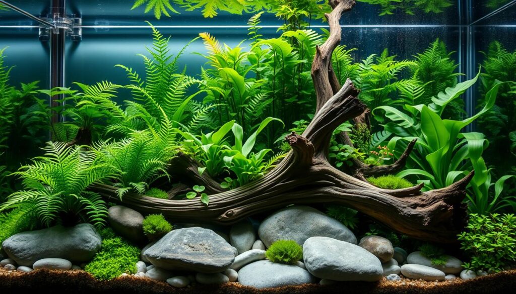 A beautifully arranged low-tech planted aquarium, featuring various lush, green aquatic plants such as Java fern, Anubias, and crypts, thriving without CO2 injection. In the foreground, display a variety of smooth river rocks and driftwood elegantly placed to create a natural habitat. The middle ground shows a rich tapestry of vibrant foliage contrasting shades of green. In the background, soft lighting filters through the water, casting gentle reflections and creating a serene underwater atmosphere. The scene should be captured from a slight angle to enhance the depth and beauty of the tank, evoking a sense of tranquility and relaxation. The image should have natural colors and a calm mood, inviting viewers to explore the beauty of a low-tech planted tank setup.
