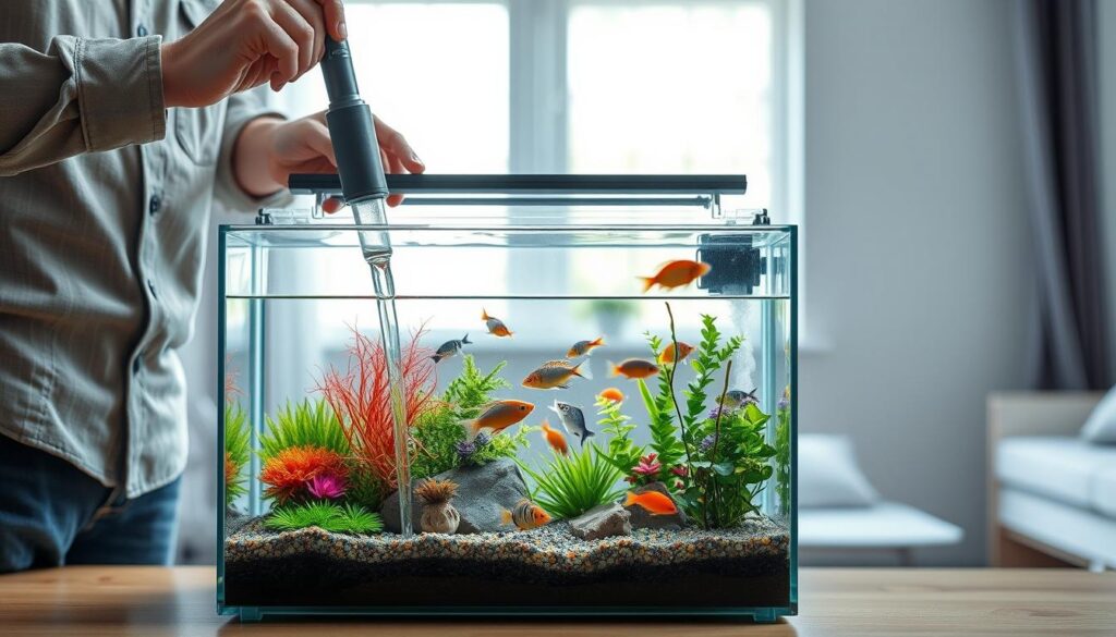 A beautifully arranged nano aquarium in a modern home setting, showcasing vibrant aquatic plants, colorful fish, and crystal-clear water. In the foreground, a person in modest casual clothing is gently siphoning water from the tank using a high-quality aquarium maintenance tool. In the middle, a close-up view of the aquarium shows distinct layers of substrate, thriving plants, and varied fish swimming gracefully, reflecting their natural behavior. The background features a lightly lit room with soft natural light filtering through a window, creating a serene atmosphere. The scene conveys a sense of harmony and care, highlighting the importance of regular water changes for maintaining the health of a nano tank. The photo composition should be well-balanced and visually appealing, capturing the essence of proper aquarium maintenance.