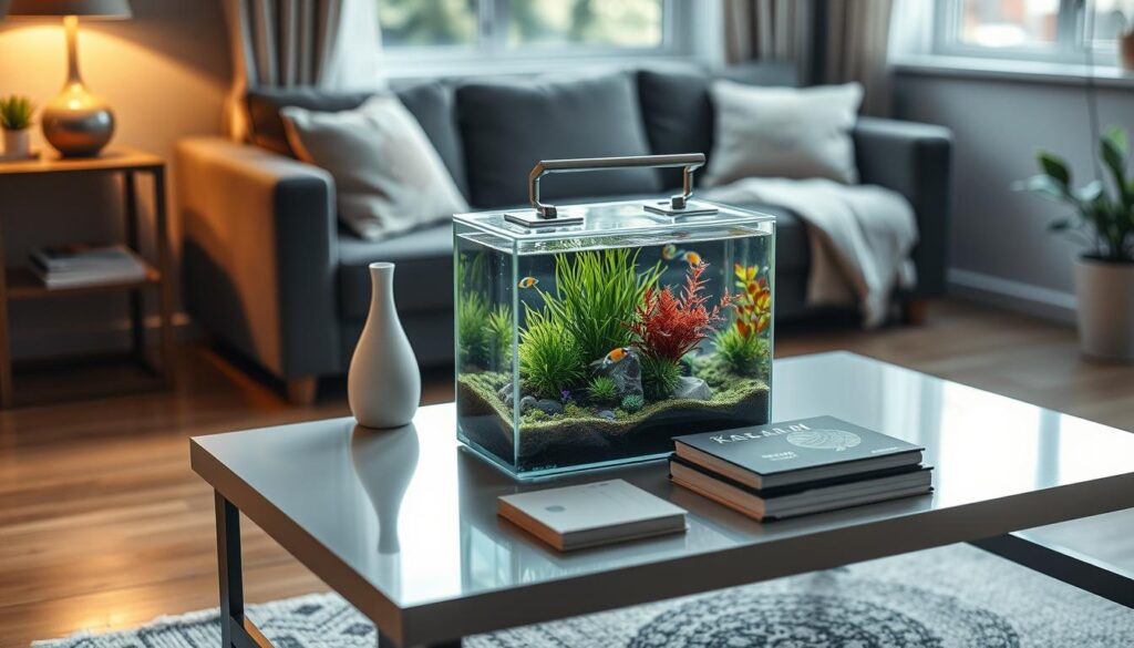 A beautifully arranged nano aquarium positioned on a sleek, modern coffee table in a cozy, small apartment living room. In the foreground, the transparent glass nano tank showcases vibrant aquatic plants and small colorful fish, creating a focal point. In the middle ground, the coffee table is adorned with minimalist decor, including a stylish vase and a stack of books. The background features a comfortable couch with soft cushions and a window allowing natural light to filter in, casting gentle reflections on the tank. The atmosphere is warm and inviting, evoking a sense of tranquility and charm. Utilize soft, diffused lighting to highlight the tank and create a serene ambiance, capturing the idea of living harmoniously with nature in limited space.