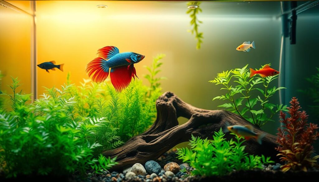 A beautifully arranged nano aquarium showcasing a male betta fish in vibrant shades of blue and red, swimming gracefully amidst peaceful tank mates like neon tetra, ghost shrimp, and corydoras catfish. The foreground features lush green aquatic plants, such as Java fern and Anubias, providing a cozy habitat. In the middle ground, a small driftwood piece accentuates the natural environment, while a gentle current creates ripples in the water. The background should be softly lit with a warm glow, simulating sunlight filtering through the water, enhancing the colors of the fish. Use a wide-angle lens to capture the entire scene, creating a serene, harmonious atmosphere that evokes tranquility and safety for the aquatic life. A beautifully arranged nano aquarium showcasing a male betta fish in vibrant shades of blue and red, swimming gracefully amidst peaceful tank mates like neon tetra, ghost shrimp, and corydoras catfish. The foreground features lush green aquatic plants, such as Java fern and Anubias, providing a cozy habitat. In the middle ground, a small driftwood piece accentuates the natural environment, while a gentle current creates ripples in the water. The background should be softly lit with a warm glow, simulating sunlight filtering through the water, enhancing the colors of the fish. Use a wide-angle lens to capture the entire scene, creating a serene, harmonious atmosphere that evokes tranquility and safety for the aquatic life.