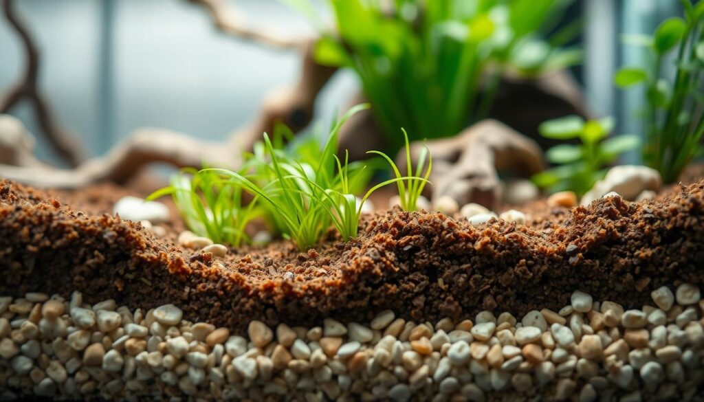 A beautifully arranged nano aquarium substrate, showcasing layers of fine, rich soil and small, smooth pebbles that create a natural habitat. In the foreground, focus on the textured substrate, highlighting the intricate details of the contrasting colors—dark brown earth and light sandy pebbles. The middle ground features lush green aquatic plants, with their delicate roots visibly anchored in the substrate. In the background, softly blurred aquatic themes like miniature driftwood and gentle lighting create a serene underwater atmosphere. Use soft, diffused lighting to evoke tranquility, with a shallow depth of field that captures the richness of the substrate while hinting at the vibrant life that thrives in the nano tank. This image embodies the essence of a carefully crafted planted nano aquarium.