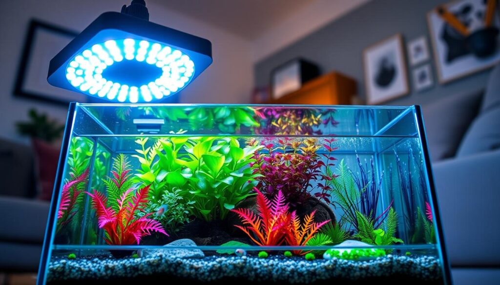 A beautifully arranged nano tank featuring vibrant aquatic plants illuminated by sleek, modern LED lighting specifically designed for small tanks. In the foreground, the LED fixture highlights the tank with cool white and blue hues, creating a sparkling effect on the water surface. The middle ground showcases the colorful plants and small fish, providing a lively and dynamic scene, while the background features a subtly blurred home environment, suggesting a cozy living room setting. The overall atmosphere is tranquil and serene, emphasizing the importance of proper lighting in aquascaping. The picture is captured from a low angle, with a shallow depth of field to focus on the tank, enhancing the visual appeal of the lighting and aquatic life.