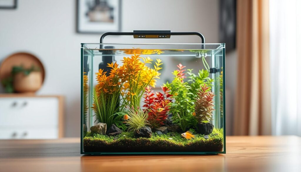 A beautifully arranged nano tank set in a bright, well-lit room, showcasing its vibrant aquatic life and lush plants. In the foreground, colorful small fish swim playfully among delicate aquatic plants, highlighting the tank's natural beauty. The middle ground features the tank itself, designed with a sleek, modern aesthetic and clear glass, capturing the intricate details of the underwater habitat. In the background, soft natural light filters through a nearby window, creating a warm and inviting atmosphere. The lens captures the scene with a shallow depth of field, adding a soft blur to the surroundings while keeping the focus on the nano tank. The overall mood is serene and peaceful, illustrating the benefits of nano tanks as stylish, low-maintenance options for small spaces.