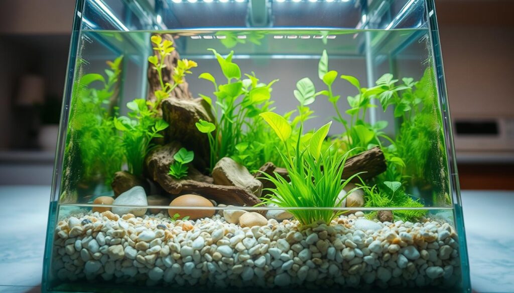A beautifully arranged nano tank setup showcasing a lush aquatic landscape filled with vibrant green plants, natural stones, and small driftwood pieces. In the foreground, clear water is angled to show the delicate details of the tank, emphasizing the fine pebbles and substrate beneath. Bright LED lighting illuminates the tank from above, casting soft reflections and highlighting the contrasting colors of the aquatic plants, while a gentle gradient in the background fades into blurred ambient decor, such as a clean countertop. The scene should elicit a tranquil and peaceful atmosphere, inviting viewers to appreciate the intricacies of nano aquascaping. The camera angle captures the tank from a slight elevation, ensuring a comprehensive view of both the aquatic flora and the subtle design elements within the aquascape, creating a harmonious and visually stunning composition.