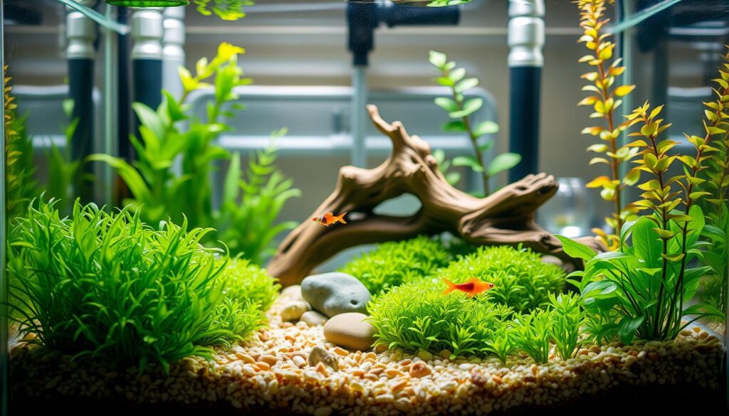 A beautifully arranged nano tank setup showcasing an aquatic ecosystem. In the foreground, vibrant aquatic plants like Java moss and Anubias grow alongside small pebbles and fine substrate, creating a lush environment. The mid-ground features a small driftwood sculpture, artfully positioned to mimic natural underwater landscapes. Miniature creatures such as shrimp and tiny fish swim gracefully among the greenery. In the background, a faint view of the tank's filtration system can be seen, emphasizing the technical aspects of nano tanks. Soft, natural lighting filters through the tank, casting a gentle glow that highlights the colors of the plants and fish. The overall atmosphere is tranquil and inviting, embodying the beauty of a well-maintained aquascape. The scene is shot from a slightly elevated angle to capture the depth and layering of the tank.