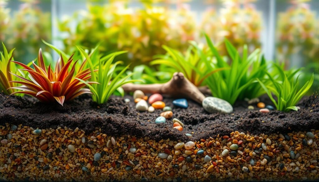 A beautifully arranged planted nano aquarium showcasing a vibrant substrate layer. In the foreground, various hues of fine gravel and nutrient-rich soil create a visually striking foundation, with scattered pebbles adding texture. Lush aquatic plants with rich greens and reds emerge from the substrate, their roots visibly embedded in the soil. In the middle ground, small, colorful ornamental stones and driftwood accentuate the natural landscape. Soft, diffused lighting from above creates gentle reflections on the water's surface, enhancing the vivid colors of the plants. In the background, an out-of-focus layer of softly blurred aquatic vegetation creates depth. The atmosphere is tranquil and serene, perfect for a close-up view that emphasizes the importance of substrate in supporting a healthy nano ecosystem.