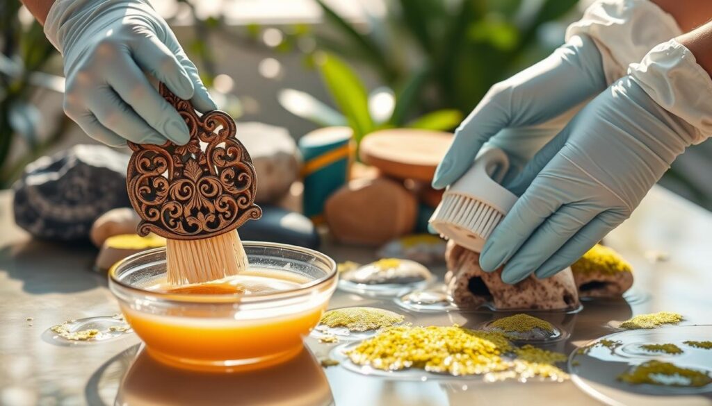 A beautifully arranged scene focusing on deep cleaning ornamental decor items like rocks and wood pieces, showcasing the meticulous process of removing algae. In the foreground, a pair of hands, gloved and gently scrubbing an intricately carved wooden ornament with a soft brush, while a small basin of warm, soapy water is nearby. The middle ground features a collection of colorful, algae-covered rocks and wood, partially submerged in water, emphasizing their natural textures. The background is softly blurred, with gentle sunlight filtering through greenery, creating a serene atmosphere. The scene is bright and inviting, highlighting the importance of maintaining home decor. The image should capture the care and attention required in deep cleaning, making it appealing yet informative.