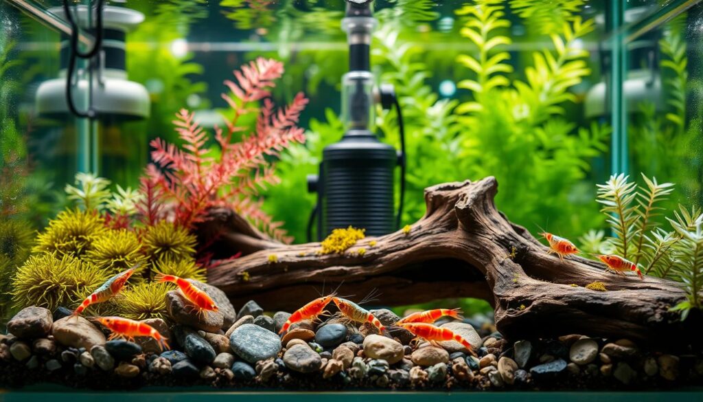 A beautifully arranged shrimp breeding tank setup, featuring a crystal-clear glass aquarium filled with fresh water and vibrant aquatic plants like Java moss and Anubias. In the foreground, colorful shrimp of various species, such as Cherry and Ghost shrimp, are foraging among pebbles and driftwood. In the middle ground, a sophisticated filtration system and a heater are visible, ensuring optimal water conditions. The background showcases lush greenery with soft, dappled lighting filtering through the water, creating a serene and inviting atmosphere. The image is captured with a macro lens from a slight angle to emphasize the shrimp and plants, enhancing the details and textures. The mood is tranquil and natural, perfect for illustrating an optimal environment for shrimp breeding. A beautifully arranged shrimp breeding tank setup, featuring a crystal-clear glass aquarium filled with fresh water and vibrant aquatic plants like Java moss and Anubias. In the foreground, colorful shrimp of various species, such as Cherry and Ghost shrimp, are foraging among pebbles and driftwood. In the middle ground, a sophisticated filtration system and a heater are visible, ensuring optimal water conditions. The background showcases lush greenery with soft, dappled lighting filtering through the water, creating a serene and inviting atmosphere. The image is captured with a macro lens from a slight angle to emphasize the shrimp and plants, enhancing the details and textures. The mood is tranquil and natural, perfect for illustrating an optimal environment for shrimp breeding.