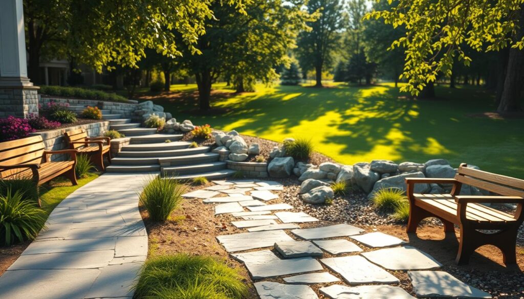 A beautifully designed hardscaping scene showcasing key principles of landscape architecture. In the foreground, a well-structured stone pathway is bordered by lush greenery and strategically placed wooden benches, emphasizing natural materials. The middle ground features an elegant rock garden with varying stone textures and colors, complemented by small water features that reflect sunlight. In the background, a gently sloping garden transitions into a serene, manicured lawn enveloped by trees, casting soft shadows. The lighting is warm, suggesting late afternoon, with sunlight filtering through the leaves, creating a tranquil and inviting atmosphere. Shot with a slight tilt-shift lens to add focus on the details of the hardscape, evoking a sense of depth and harmony among the materials used.