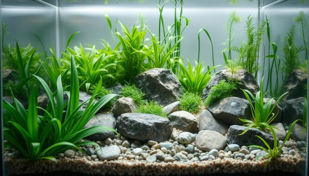 A beautifully designed nano tank aquascape that emphasizes depth, featuring a foreground of lush green and vibrant aquatic plants like Swords and Cryptocorynes, intricately layered over smooth pebbles and fine substrate. The middle ground showcases a variety of rocks, creating a sense of structure, with gentle curves inviting the viewer’s eye deeper into the scene. In the background, taller plants like Vallisneria rise elegantly, giving an impression of spaciousness. Soft, dappled lighting filters through, casting gentle shadows that enhance the three-dimensional feel. Using a shallow depth of field, the image captures a slight blur on both edges while keeping the focal point sharp in the center, allowing the tranquil ambiance to evoke a sense of peace and harmony. The overall atmosphere is serene and inviting, perfect for showcasing the art of aquascaping.
