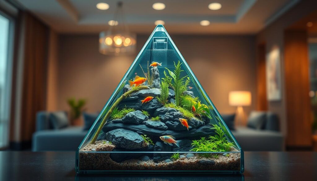 A beautifully designed nano tank occupying the foreground, showcasing layered substrate, lush aquatic plants, and vibrant fishes. The tank has a triangular composition, with a focus on depth and perspective, highlighting the intricacies of aquascaping. In the middle ground, soft diffused lighting creates a serene, calming atmosphere, illuminating the tank while casting gentle reflections. The background features a blurred interior space, with soft colors and shadows, enhancing the focus on the tank. The lens perspective is slightly tilted to accentuate the triangle shape, providing a sense of three-dimensionality. Overall, the mood is tranquil and inviting, perfect for demonstrating the fundamentals of nano tank design in a professional setting. No additional text or elements should be present.