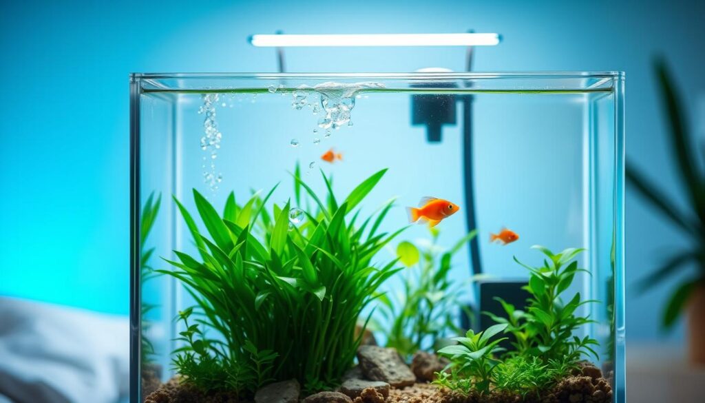 A beautifully designed noise-free nano tank, featuring a minimalist aquascape with lush, green plants and small, colorful fish swimming peacefully inside. The foreground displays crystal-clear water with air bubbles rising gently, enhancing the serene atmosphere. In the middle, delicate electronic equipment such as a silent filter and a small, low-noise pump are integrated unobtrusively, showcasing advanced technology. The background features soft, calming lighting that creates gentle reflections on the glass, evoking a tranquil bedroom setting. The image is captured from a slight angle, emphasizing the elegant design of the tank and its peaceful inhabitants, encapsulating a sense of relaxation and harmony ideal for a cozy living environment.