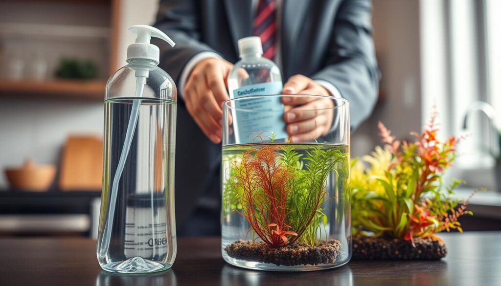 A clear glass container filled with freshly dechlorinated tap water sits prominently in the foreground, showcasing its pristine clarity. Surrounding the container, delicate, colorful aquatic plants gently sway in the water, hinting at a thriving nano tank ecosystem. In the middle ground, a pair of hands in professional business attire carefully place a water conditioner bottle next to the container, symbolizing the dechlorination process. The background features a softly blurred kitchen setting, with light streaming in through a window, creating an inviting and serene atmosphere. The scene is well-lit, emphasizing the vibrancy of the plants and the clarity of the water. The angle is slightly elevated to capture both the hands and the container, conveying a sense of careful attention to detail and the importance of water quality in aquariums.