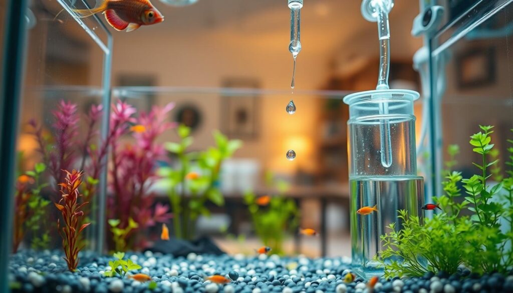 A close-up perspective of a clear glass nano aquarium displaying the drip method for acclimating fish. In the foreground, the aquarium is filled with vibrant aquatic plants and small, colorful fish swimming peacefully. The middle ground features a clear tubing connected to a container on a table, demonstrating the drip method in action, with water droplets cascading slowly into the tank. The background includes a softly blurred indoor setting with warm ambient lighting, enhancing the cozy atmosphere of a home aquarium setup. The scene showcases a sense of tranquility and focus, reflecting the meticulous nature of the drip acclimation process, with no text or distractions in the image.