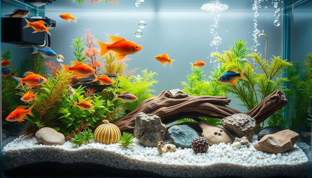 A close-up shot highlighting a beautifully aquascaped 10-gallon aquarium, showcasing diverse freshwater fish species swimming harmoniously. In the foreground, clearly visible fish like neon tetras, guppies, and small corydoras dart among vibrant aquatic plants, illustrating proper stocking density. The middle ground features key elements such as a small filter, decorative rocks, and natural driftwood, all artfully arranged to enhance the scene's vibrancy. The background showcases a soft gradient of light reflecting off the water surface, highlighting bubbles rising from the filter and creating a serene atmosphere. The lighting is bright yet soft, emphasizing the colors of the fish and plants while casting gentle shadows, evoking a mood of tranquility and balance in the aquarium ecosystem. No text or human subjects are present, ensuring clarity and focus on the aquascape. A close-up shot highlighting a beautifully aquascaped 10-gallon aquarium, showcasing diverse freshwater fish species swimming harmoniously. In the foreground, clearly visible fish like neon tetras, guppies, and small corydoras dart among vibrant aquatic plants, illustrating proper stocking density. The middle ground features key elements such as a small filter, decorative rocks, and natural driftwood, all artfully arranged to enhance the scene's vibrancy. The background showcases a soft gradient of light reflecting off the water surface, highlighting bubbles rising from the filter and creating a serene atmosphere. The lighting is bright yet soft, emphasizing the colors of the fish and plants while casting gentle shadows, evoking a mood of tranquility and balance in the aquarium ecosystem. No text or human subjects are present, ensuring clarity and focus on the aquascape.