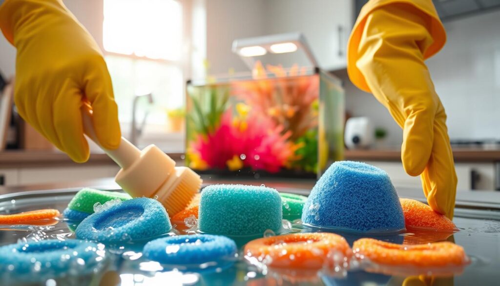 A close-up shot of several cleaning intake sponges submerged in warm, soapy water. In the foreground, a pair of hands wearing yellow rubber gloves gently scrub the sponges with a soft bristle brush, creating small bubbles and splashes around them. The sponges are various shapes and colors, including blue, green, and orange, reflecting light playfully as they soak. In the middle ground, a small, clear tank filled with vibrant aquatic plants and baby shrimp sits on a kitchen counter, slightly out of focus, highlighting the importance of clean sponges for the shrimp's environment. The background features a well-lit kitchen with soft natural light streaming in through a window, creating an inviting and serene atmosphere, ideal for home aquarium maintenance.