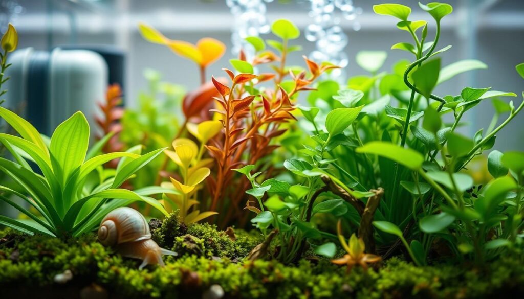 A close-up view of a beautifully arranged nano aquarium, showcasing lush green plants, some displaying yellowing leaves and stunted growth, indicating the need for CO2. In the foreground, a small aquatic snail grazes on algae near a delicate Anubias plant, creating a sense of life. In the middle, vibrant aquatic plants like Bacopa and Hemianthus are illustrated with varying health, some thriving and others with brown patches. The background features a soft, blurred view of a subtle aquarium filter and light reflections, with hints of bubbles rising to the surface, symbolizing CO2 deficiency. Natural, diffuse lighting highlights the vivid greens and browns of the plants, evoking a serene and slightly concerning atmosphere, inviting viewers to realize the importance of CO2 in small planted aquariums. The image captures a moment in aquatic care, emphasizing the signs of imbalance in a nano tank.