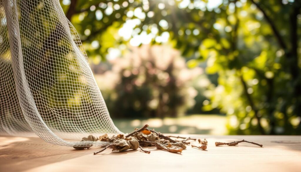 A close-up view of a fine mesh net, intricately woven with small, tight openings, displayed prominently in the foreground. The net is gently draped over a smooth, wooden surface, showcasing its texture and flexibility. In the middle ground, scattered debris such as dead leaves and small twigs are arranged around the net, hinting at its practical use for removal. The background features a soft-focus garden setting with dappled sunlight filtering through overhead leaves, creating a serene and natural atmosphere. The lighting is warm and inviting, highlighting the net's details with subtle shadows. The composition suggests a calm, efficient approach to outdoor maintenance.