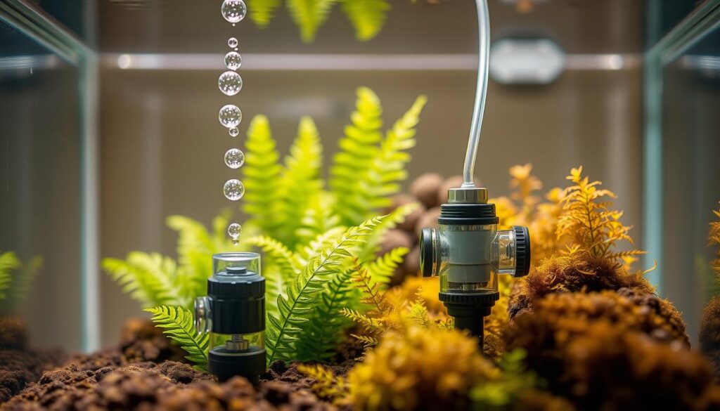 A close-up view of a nano tank aquarium, showcasing a sophisticated CO2 injection system. In the foreground, the intricate CO2 diffusion reactor is visible, emitting fine bubbles that ascend through aquascaped plants. The middle ground features vibrant aquatic plants like java ferns and moss, thriving under soft, natural lighting simulating sunlight filtering through leaves. In the background, the tank's glass is clean, reflecting faint silhouettes of additional aquatic life. The scene is bathed in warm tones, creating a serene, peaceful atmosphere, emphasizing the health and vitality of the ecosystem. Use a shallow depth of field to keep the focus on the injection system while softly blurring the background. Capture the image from a slight angle above the tank to enhance depth and showcase the pixelated effect of the bubbles.