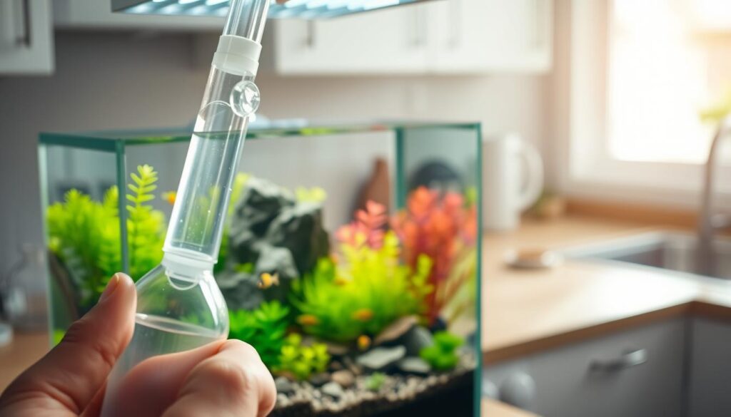 A close-up view of a person using a turkey baster to maintain a nano aquarium filled with vibrant aquatic plants and tiny colorful fish. The foreground features the clear, flexible turkey baster held in a steady hand, squeezing to release water or nutrients into the tank. In the middle, the nano tank displays an intricately arranged underwater landscape with vivid green plants, miniature rocks, and swimming fish to create a sense of life and movement. The background shows a softly blurred kitchen setup, illuminated by gentle, natural light from a nearby window to enhance the clarity of the scene. The overall mood is calm and focused, emphasizing the precision and care involved in maintaining a nano tank environment.