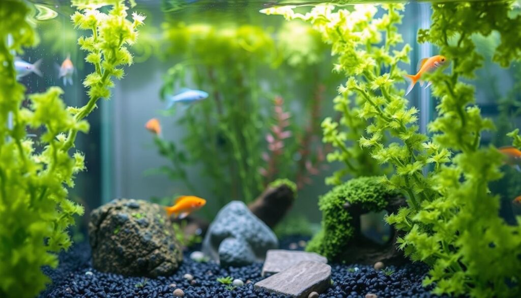 A close-up view of a small aquarium exhibiting clear signs of algae overgrowth. In the foreground, vibrant green patches of algae cling to the glass walls, creating a textured, wavy effect. Mossy growth can also be observed on decorative rocks and substrate, adding to the lush scene. In the middle ground, a few aquatic plants are partially obscured by the thick green film, indicating an imbalance in the ecosystem. The background features colorful fish swimming through murky water, enhancing the sense of an overgrown environment. The lighting should be soft and natural, resembling sunlight filtering through the water surface, creating a tranquil yet concerning atmosphere. The focus is sharp, capturing the intricate details of the algae and the impacts on the aquarium's aesthetics.