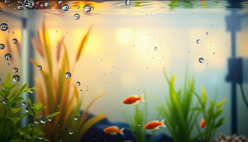 A close-up view of a small, low-flow aquarium displaying a noticeable surface film, emphasizing the oily sheen on the water’s surface. In the foreground, droplets of water gather on the glass, highlighting the contrast between the clear and contaminated areas. The middle ground features aquatic plants gently swaying and small fish swimming just below the surface, providing a vibrant splash of color against the dull film. In the background, warm, natural light filters through, casting gentle reflections and creating a calm atmosphere. The angle is slightly tilted downward, focusing on where the film meets the water. The overall mood is one of concern and observation, perfect for illustrating the issue of surface film in aquariums.
