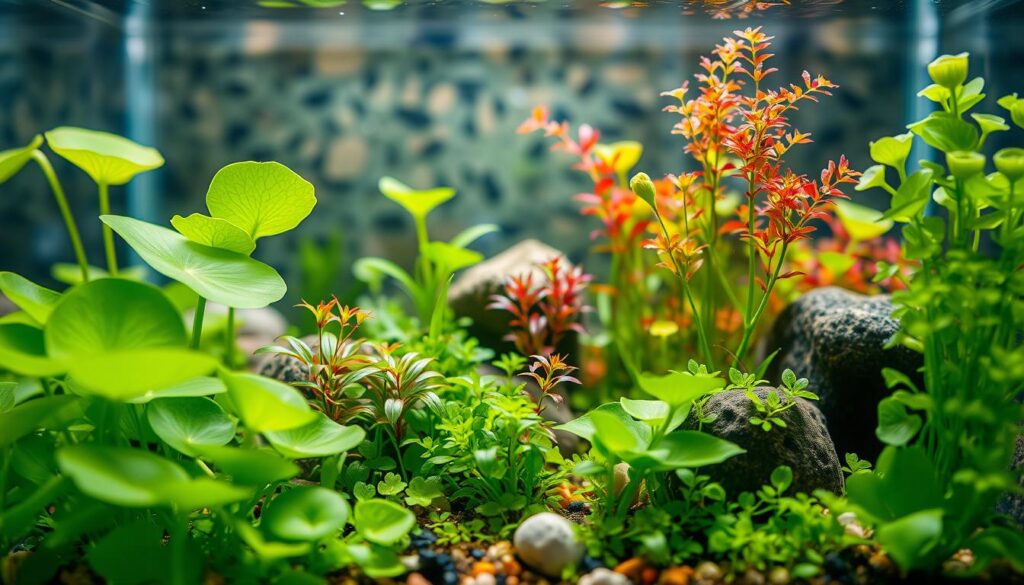 A close-up view of a vibrant nano tank filled with various types of floating aquatic plants. In the foreground, lush green lily pads and delicate water lettuce form a natural canopy, while the middle ground features a mix of colorful duckweed and rich green frogbit, creating a lively and textured scene. The background is a softly blurred underwater landscape with pebbles and small rocks, enhancing the tank's depth. Soft, natural lighting filters through the water, casting gentle reflections and highlights on the plants, evoking a serene and tranquil atmosphere. The image should emphasize the beauty and diversity of floating plants, capturing their role in enhancing water quality and aesthetic appeal in a small aquarium setting.