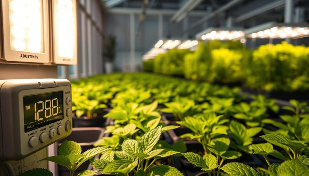 A close-up view of a well-organized plant growth setup, showcasing various light duration settings for optimal plant health. In the foreground, a digital timer displays adjustable light cycles, with vibrant green plants in grow pots below, demonstrating healthy foliage. The middle ground features LED grow lights casting a warm glow, illuminating the leaves and creating gentle shadows. In the background, blurred images of algae-infested water tanks contrast with the thriving plants, subtly indicating the balance needed in light exposure. The scene is set in a greenhouse with natural light filtering through transparent panels, creating a serene and focused atmosphere on nurturing plant life.