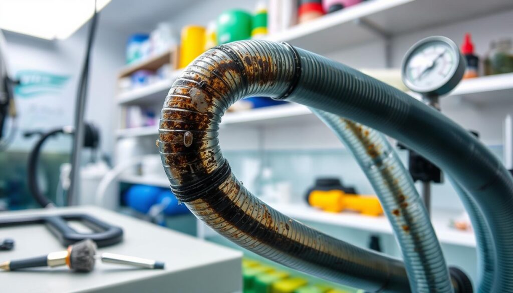 A close-up view of airline tubing showing clear signs of blockages, with vivid details illustrating clogs, slime, and residue. In the foreground, focus on the tubing, revealing darkened areas and visible obstructions that suggest poor airflow. The middle ground features a workstation with tools for maintenance, including a small cleaning brush and pressure gauge, providing context. The background includes blurred shelves stocked with aquarium supplies, enhancing the environment. The lighting is bright and clinical, simulating an industrial workspace, while the angle captures the tubing from a slightly elevated perspective, emphasizing the blockages. The mood is informative and technical, suitable for an educational article, with a sterile, professional atmosphere.