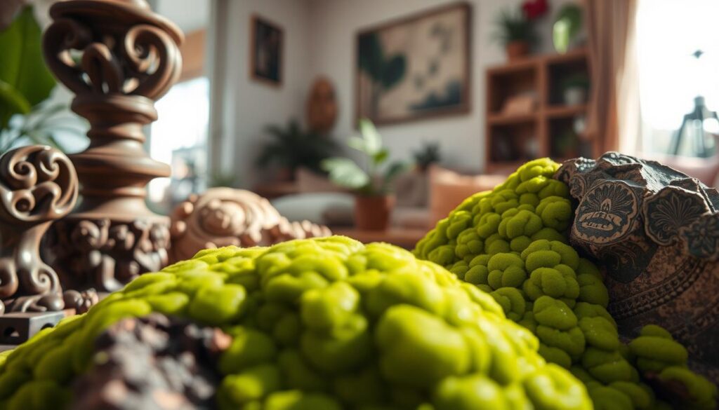 A close-up view of algae growth on various home decor items, including intricately-carved wooden sculptures and textured rock accents. The foreground features a vibrant green algae covering, showcasing its smooth, slimy texture contrasted against the rough surfaces of the wood and rock. In the middle ground, soft natural light filters through a nearby window, casting gentle shadows and enhancing the organic feel of the scene. The background includes a blurred, cozy interior setting with plants and warm-toned decor elements, adding to the sense of home. The overall atmosphere is calm and serene, inviting a sense of curiosity about the interplay between nature and interior design. Utilize a shallow depth of field to focus closely on the algae while softly blurring the backdrop.