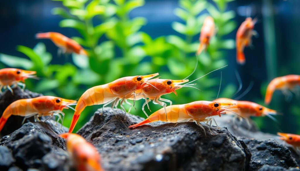 A close-up view of healthy freshwater shrimp, showcasing their vibrant colors and distinct physical characteristics. The shrimp are displayed in a crystal-clear aquarium with a lush green aquatic plant background, emphasizing their natural habitat. Illuminate the scene with soft, diffused lighting to highlight the shrimp's smooth, shiny shells and the delicate texture of their antennae. Capture the different sizes and postures of the shrimp—some resting on rocks, while others are swimming gracefully in the water. Use a shallow depth of field to bring focus to the shrimp in the foreground, creating a calming, serene atmosphere that highlights their health and vitality.