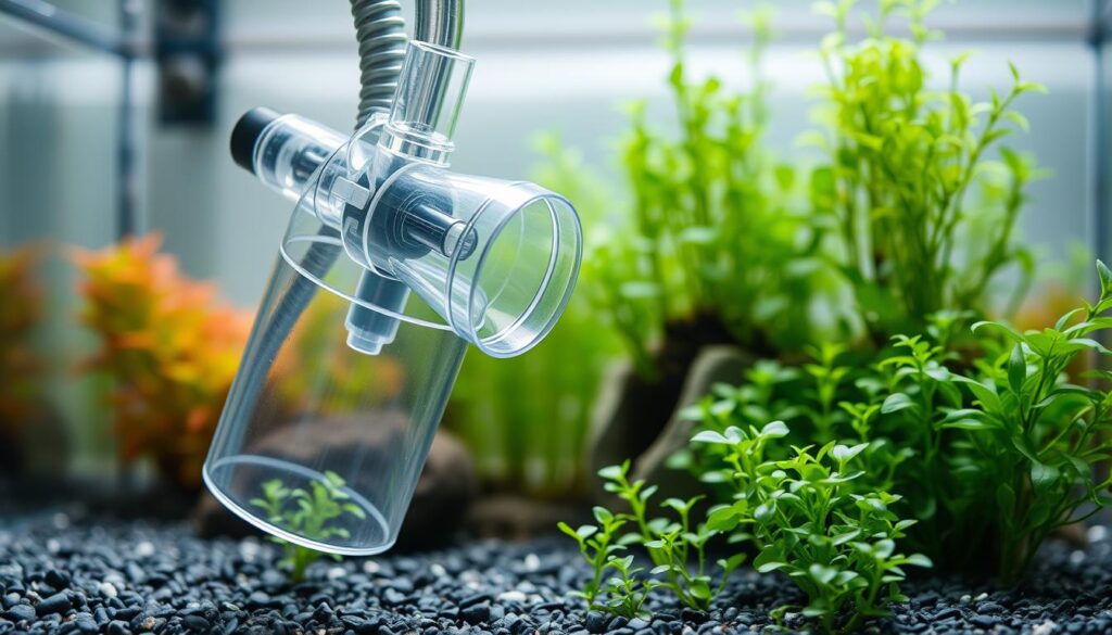 A close-up view of modern gravel vacuuming equipment used in aquariums, featuring a clear, sturdy siphon with a wide nozzle, complete with a long, flexible hose. The vacuum is set against a backdrop of an aquarium filled with delicate nano plants, showcasing the contrasting textures of gravel and greenery. Soft, diffused lighting highlights the sleek design of the equipment while casting gentle reflections on the water's surface. The angle is slightly elevated to capture the details of the vacuum's mechanism as well as the flourishing plants below. The atmosphere is calm and serene, emphasizing the precision and care necessary for aquarium maintenance without disturbing the fragile ecosystem.