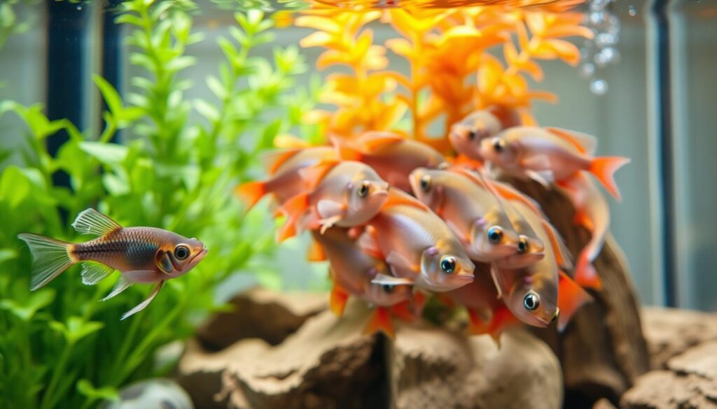 A close-up view of stressed nano fish in a well-maintained aquarium, showcasing vivid colors indicating distress. In the foreground, a small fish with a slightly curled tail and frayed fins swims near the surface. In the middle, a group of fish huddles together, their colors fading and fins clamped close to their bodies, revealing signs of stress. The background includes lush aquatic plants and a subtle bubble filter, creating a serene habitat juxtaposed against the fish’s distress. Soft, natural lighting filters through the water, casting gentle reflections on the tank decor. Capture a sense of concern, emphasizing the importance of observing these signs in fish behavior.