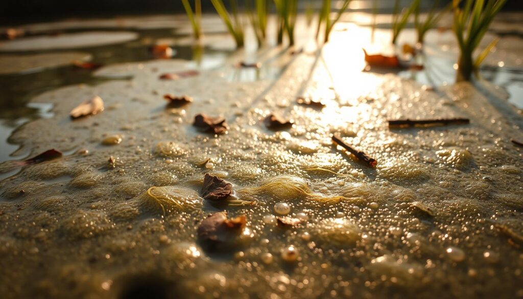A close-up view of surface scum formation on a tranquil pond, showcasing a thin layer of frothy, greenish-brown algae. In the foreground, delicate strands of filamentous algae are intertwined with tiny bubbles. The middle ground features scattered remnants of natural debris, such as leaves and twigs, partially embedded in the scum. In the background, blurred aquatic plants rise above the water's surface, bathed in soft, natural lighting that highlights the textures of the scum. The atmosphere is serene yet slightly concerning, suggesting an ecological imbalance. The lens captures the scene from a low angle, emphasizing the water's surface detail and creating a sense of immersion. The overall mood evokes contemplation about water quality and its environmental impact.