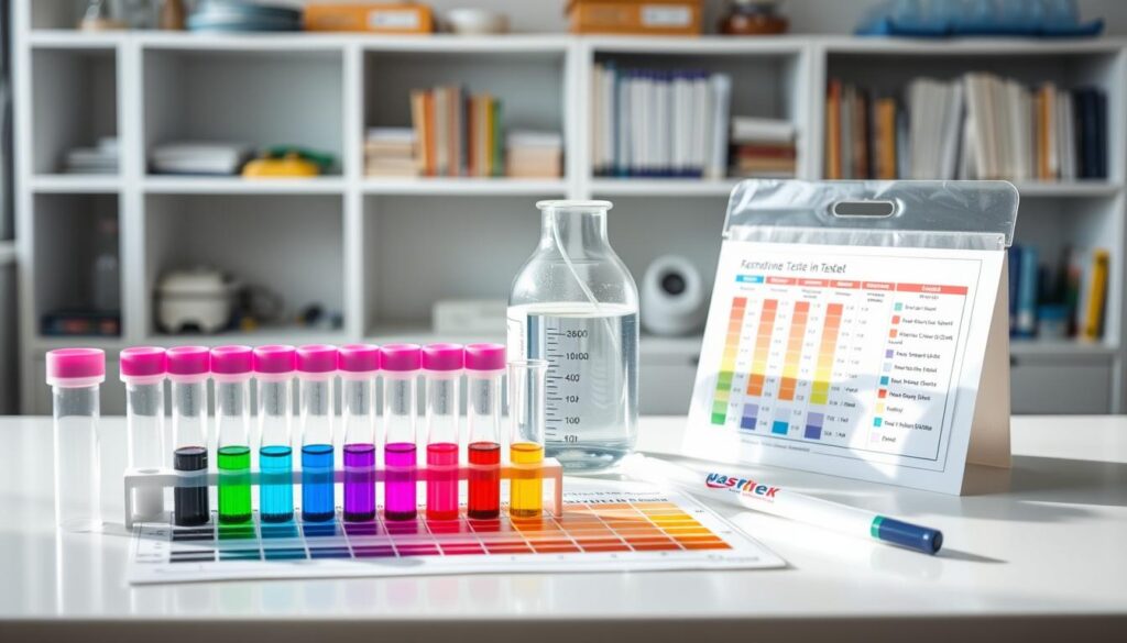A collection of water testing kits displayed on a clean, white laboratory countertop. The foreground features an assortment of testing vials, color charts, and pipettes arranged neatly, showcasing vibrant colors that represent results for ammonia, nitrite, and nitrate levels. In the middle, a high-quality glass beaker filled with water is positioned next to the kits, reflecting soft natural light. The background is softly blurred, hinting at shelving filled with scientific equipment and water quality reference books, creating a professional atmosphere. The image is well-lit with bright, even lighting that emphasizes clarity and precision. The overall mood is informative and inviting, perfect for beginners looking to understand water testing.