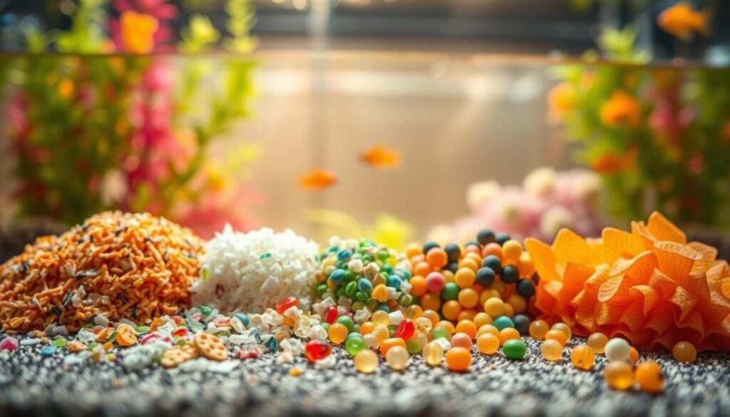 A colorful array of specialized nano fish food, vividly displayed in the foreground. Various types of finely crushed flakes, micro pellets, and freeze-dried daphnia arranged artfully on a textured surface. Each type of food is magnified to showcase its details, like the intricate texture of the flakes and the tiny size of the pellets. In the middle ground, a serene aquarium environment with soft, natural lighting that creates a warm atmosphere, highlighting vibrant aquatic plants and a few small nano fish swimming gracefully. The background features subtle hints of aquarium glass and light reflections, enhancing the tranquility of the scene. The composition is shot with a shallow depth of field, focusing sharply on the food, while the surrounding elements softly blur for a dreamy effect.