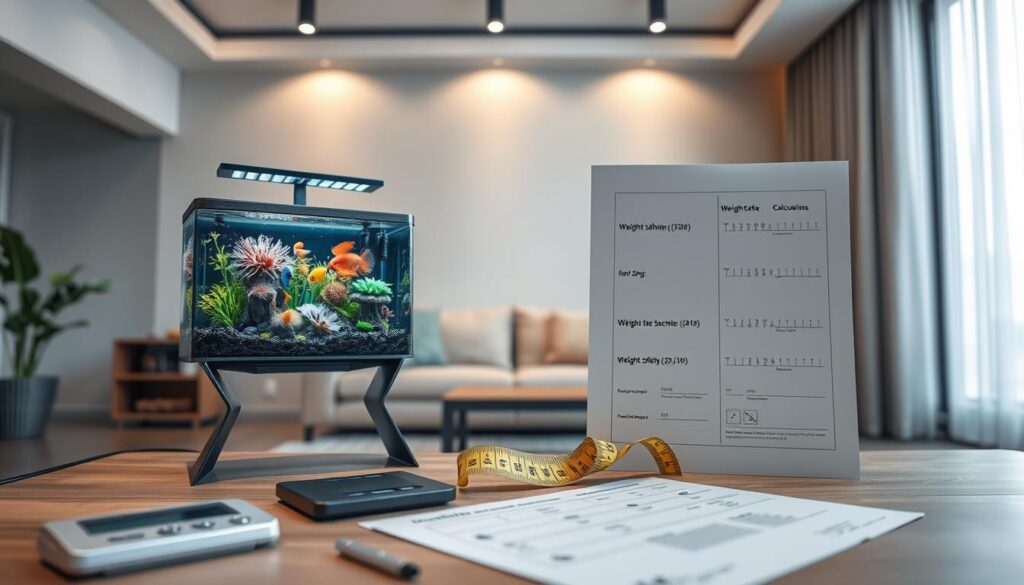 A contemporary living room showcasing a sleek nano tank filled with vibrant aquatic life. In the foreground, the nano tank rests on a stylish, modern stand that emphasizes its compact design while ensuring stability. Surrounding the tank, a well-organized workspace features tools like a digital scale and measuring tape, highlighting the concept of weight safety. In the middle ground, a calculation sheet is partially visible, illustrating weight estimates and safety guidelines, designed with clean lines and a minimalist aesthetic. The background reveals soft, ambient lighting from overhead fixtures, casting gentle shadows that create a calm yet focused atmosphere. The scene emphasizes the importance of weight safety with a professional tone, suitable for a home or office environment. The overall mood is serene and informative, with a well-balanced composition.