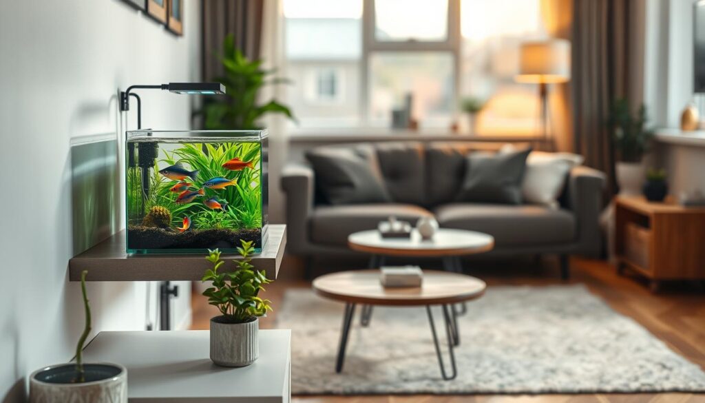 A cozy living room in a tiny apartment featuring a beautifully set up nano aquarium on a minimalist shelf. The foreground shows the colorful fish swimming within vibrant aquatic plants, creating a serene focal point. In the middle ground, a cheerful indoor plant sits nearby, enhancing the green aesthetic, while a small, rustic coffee table holds a few simple decorative items. The background reveals a stylish couch with soft cushions, subtly contrasting the aquarium’s blues and greens, complemented by warm ambient lighting from a nearby lamp. A large window allows natural daylight to flood the space, casting gentle reflections in the glass of the aquarium. The overall mood is inviting and tranquil, perfect for beginners assessing their apartment space for placing a small aquarium.