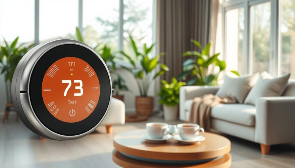 A cozy, modern living room setting that illustrates the concept of maintaining a constant temperature. In the foreground, a sleek digital thermostat displays a steady temperature reading. In the middle, comfortable furniture arranged around a stylish coffee table with a steaming cup of tea, hinting at a warm atmosphere. There are soft pillows and a cozy blanket draped over the sofa, enhancing the inviting feel. In the background, large windows allow soft, natural light to filter in, creating a bright and airy environment. Lush green plants are strategically placed to symbolize air circulation and comfort. The overall mood is warm, serene, and balanced, reflecting the importance of a stable indoor climate. The image should have a slight soft focus, emphasizing a tranquil home environment devoid of clutter or distractions.