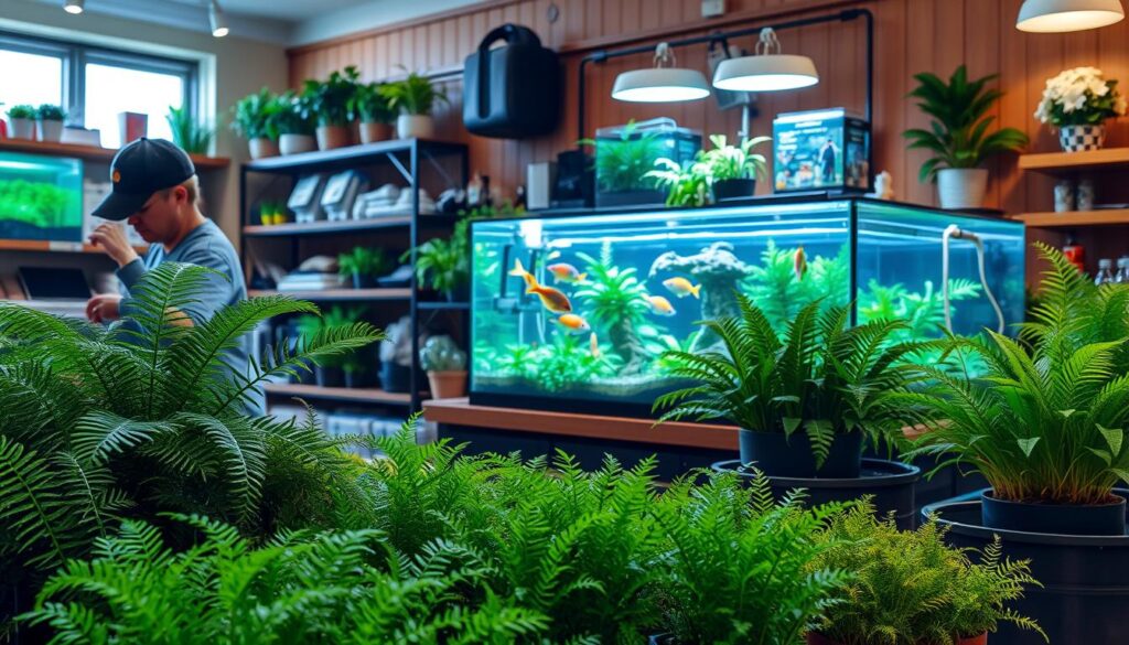 A cozy, well-lit aquarium shop interior with a warm atmosphere, featuring a person in casual clothing carefully examining various aquatic plants for selection. In the foreground, a vibrant array of easy-to-care-for live plants, such as Java Fern and Anubias, displayed in pots on the counter, showcasing their lush green colors and textures. In the middle ground, a shelf filled with aquascaping tools and additional plant varieties, adding depth to the scene. The background includes a sparkling fish tank filled with colorful fish swimming around healthy aquatic plants, creating a tranquil ambiance. Soft, natural lighting illuminates the space, enhancing the vivid colors of the plants and the serene feel of the setting.