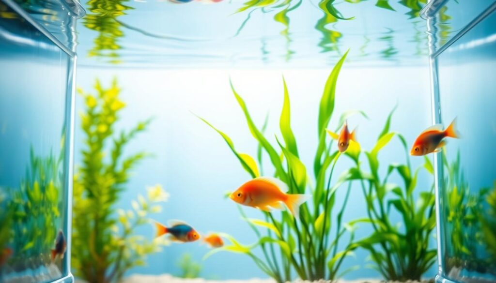 A crystal-clear aquarium glass reflecting natural light, showcasing vibrant aquatic plants and colorful fish swimming gracefully inside. In the foreground, focus on the smooth, immaculate surface of the glass, highlighting its transparency and clarity. The middle ground features lush green plants swaying gently in the water, while the background displays a soothing, subtle gradient of blue, suggesting depth and tranquility. Soft sunlight filters through the water, casting gentle ripples of light across the glass, creating a serene and refreshing atmosphere. Capture the scene from a slightly angled perspective to emphasize the pristine quality of the glass, evoking a sense of cleanliness and the importance of clear visibility for both the fish and the viewer.