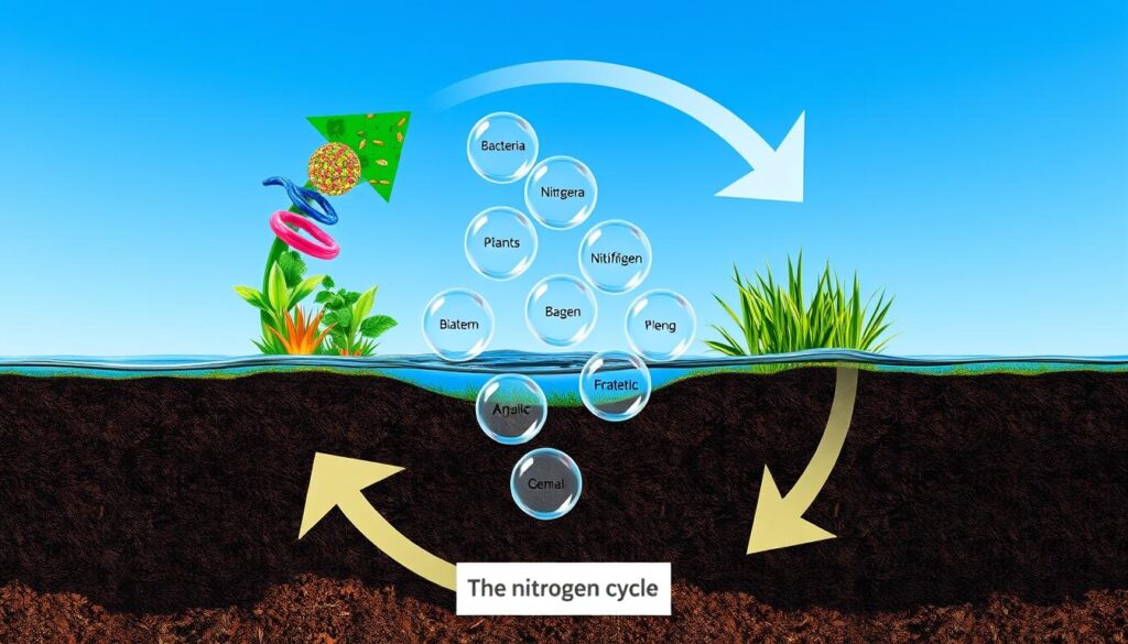 A detailed and informative diagram of the nitrogen cycle, showcasing its stages: nitrogen fixation, nitrification, ammonification, and denitrification. The foreground features distinct arrows illustrating the movement and transformation of nitrogen through these stages, with vibrant visual representations of elements like bacteria, plants, and aquatic life interconnected in a circular flow. In the middle ground, clearly labeled bubbles represent nitrogen compounds, visually distinct in color for easy understanding. The background provides a gradient of blue, symbolizing water, complemented by greenery to represent fertile soil and plants. The lighting is bright and clear, creating a scientific and educational atmosphere, inviting viewers to engage with the nitrogen cycle concept. Ensure no text overlays or distractions are present.