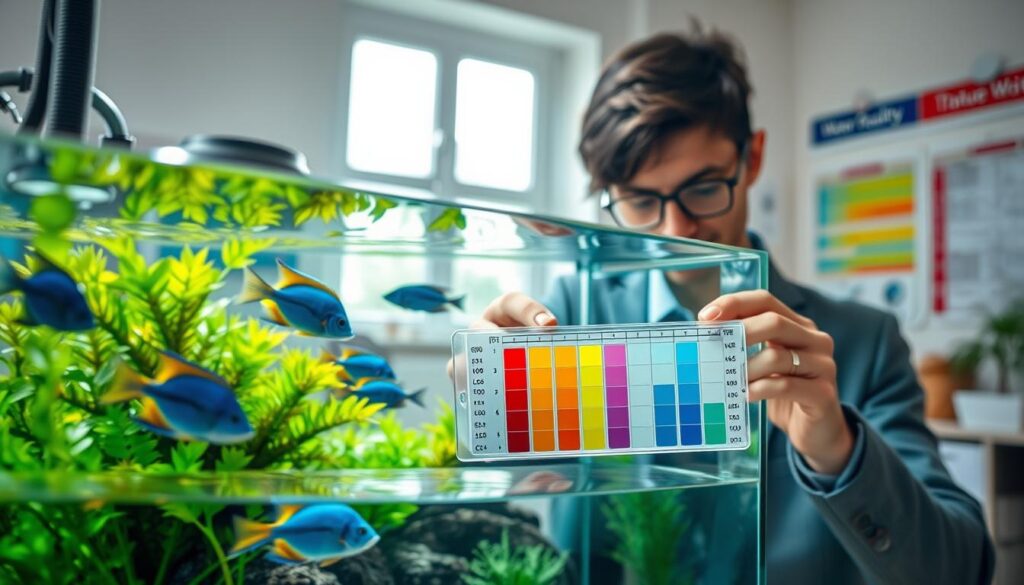 A detailed aquarium setup showcasing the importance of water testing. In the foreground, a clean, transparent glass aquarium filled with vibrant tropical fish swimming around live plants with contrasting blues and greens. A person in smart casual attire, holding a water testing kit, peers curiously into the tank, visually examining the water quality. In the middle ground, the kit's testing strips display various color indicators, symbolizing different water parameters. The background features a well-lit room with aquascaping materials and water quality charts adorning the walls. Soft, natural light filters through a window, creating a calm, educational atmosphere, emphasizing the significance of understanding water quality for aquatic life health. A shallow depth of field focuses on the aquarium and the person, blending the background gently.