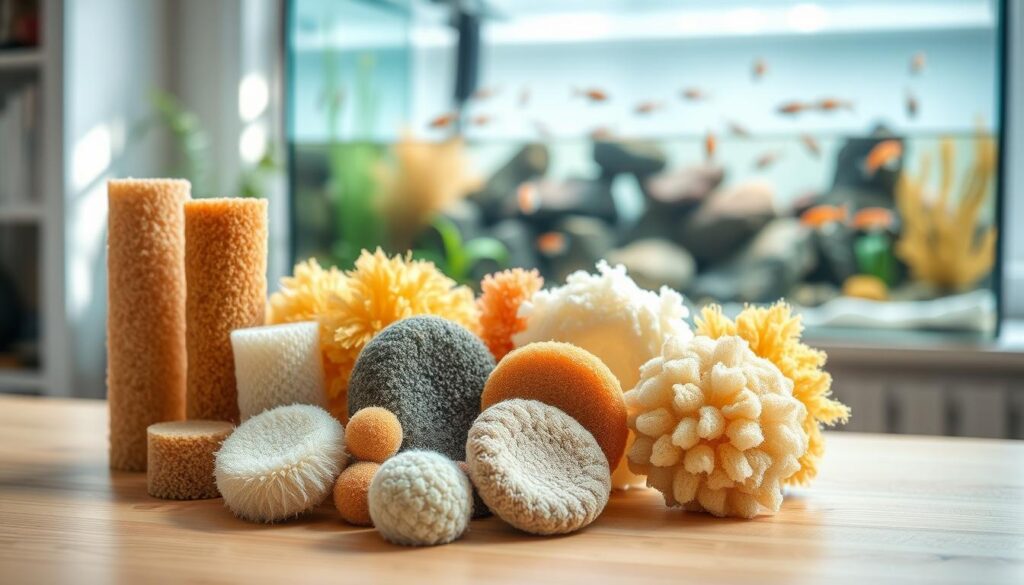 A detailed arrangement of various pre-filter sponge types displayed artistically on a light wooden table. In the foreground, showcase a selection of sponges in different shapes and sizes, including cylindrical, rectangular, and round varieties, all with distinct textures and colors. The middle ground features a soft-focus aquarium environment, gently illuminated by natural light streaming in from a nearby window, casting delicate shadows. In the background, a blurred image of a healthy aquarium with baby shrimp swimming, highlighting the importance of pre-filter sponges in their habitat. The overall mood is serene and educational, evoking a sense of care and responsibility in maintaining aquatic life. The composition should feel inviting and informative, perfect for a nature enthusiast's article.
