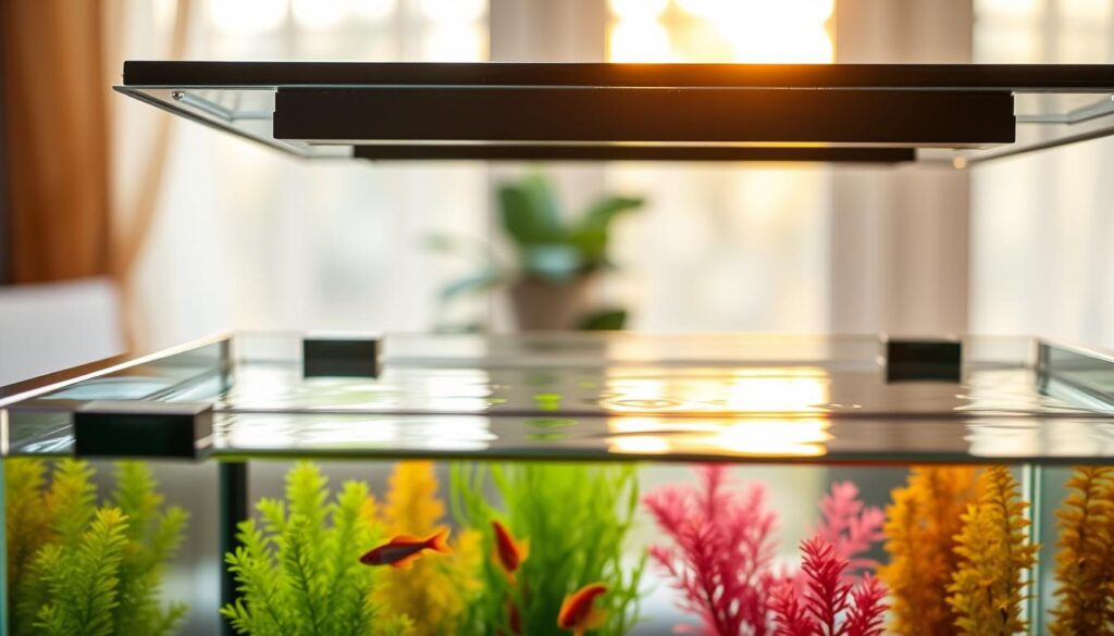 A detailed, close-up image of an aquarium lid made from high-quality glass, featuring a sleek and modern design that seamlessly fits onto a rectangular tank. The foreground includes the lid with its secure clips and a slight reflection on the glass surface, showcasing its clarity. In the middle, the aquarium tank reveals vibrant aquatic plants and colorful fish beneath the lid, emphasizing the protected environment. The background consists of a softly blurred room setting with warm, natural lighting streaming through a nearby window, creating a serene and inviting atmosphere. The scene captures the importance of tank lids in maintaining moisture and ensuring safety, reflecting a peaceful aquatic habitat.