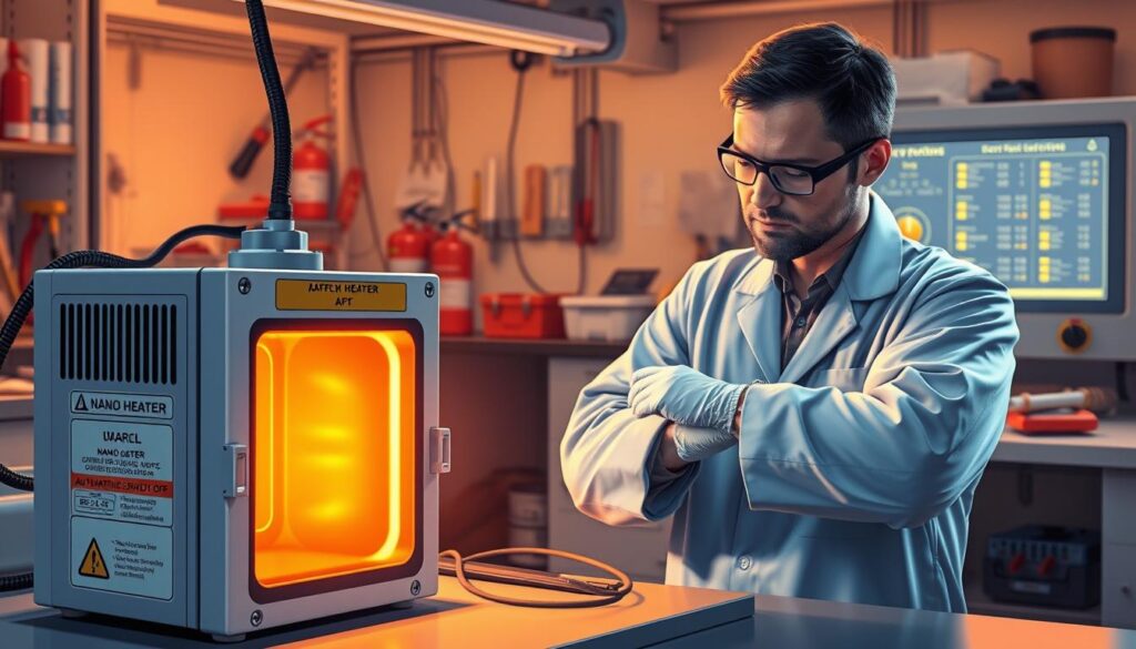A detailed illustration of a nano heater setup in a laboratory environment, emphasizing safety precautions. In the foreground, a nano heater is shown with visible safety features like automatic shut-off switches and clear warning labels. A technician in professional attire inspects the heater, wearing safety glasses and gloves, signifying careful handling. In the middle ground, safety equipment such as fire extinguishers and first-aid kits are strategically placed. The background features an organized workspace with tools and an illuminated control panel showcasing temperature settings. Use soft, warm lighting to create a calm and responsible atmosphere, captured with a slightly elevated angle to provide a comprehensive view of the scene. The focus should draw attention to the importance of safety in using nano heaters.