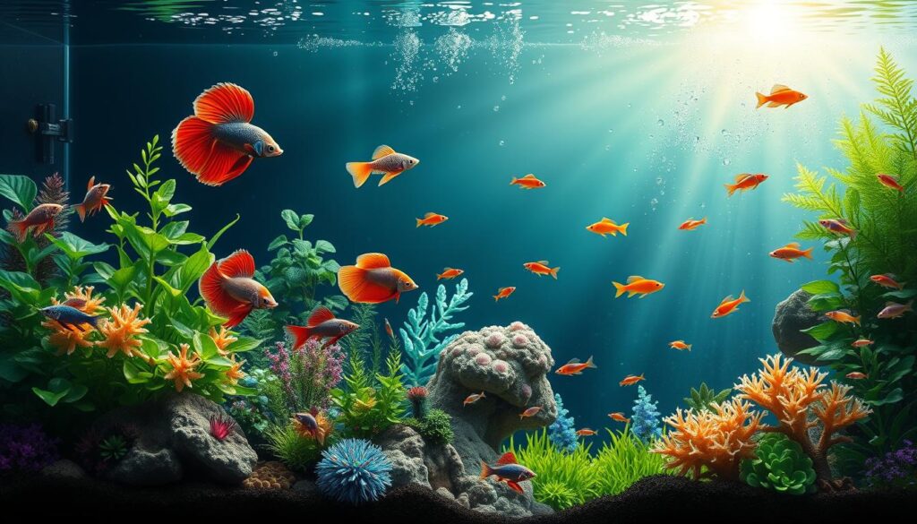 A detailed illustration of the nano species life cycle featuring a variety of popular nano aquarium fish, such as Betta fish, dwarf shrimp, and neon tetras, in various stages of their life cycle. In the foreground, show vibrant, colorful fish swimming gracefully amidst lush aquatic plants and delicate coral formations. The middle ground includes a gradual transition from eggs to juvenile fish, highlighting small fish and shrimp among the greenery. In the background, create a softly lit underwater landscape with shimmering light rays piercing through the water, creating a tranquil, natural habitat. The mood should be serene and educational, emphasizing the beauty and diversity of nano fish life. Use a wide-angle perspective to capture the entire scene, with natural lighting to enhance colors and textures.